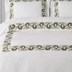 Williams Sonoma Queen Simone Embroidered Duvet Cover & 4 shams MSRP $745 OLIVE
